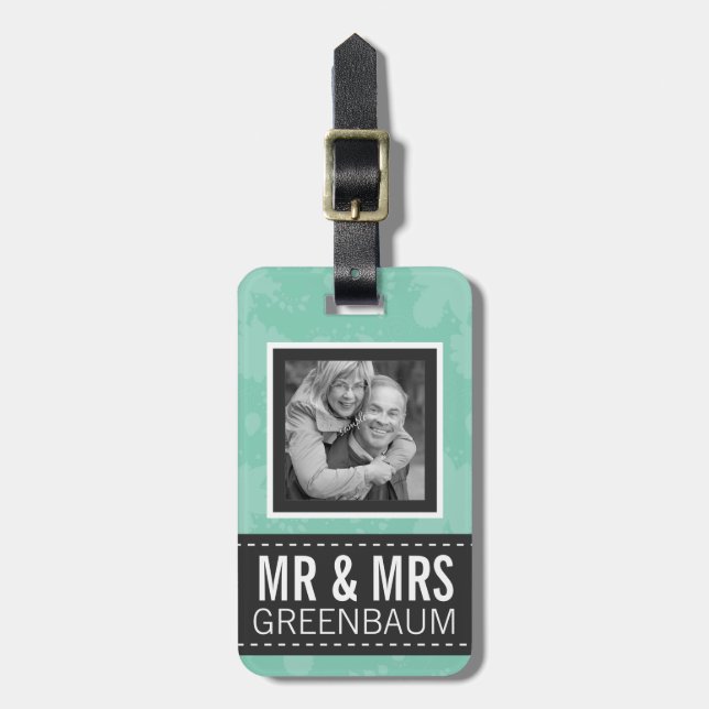 Soft Mint and Grey Mr. und Mrs. Personalisiert Fot Gepäckanhänger (Vorderseite vertikal)