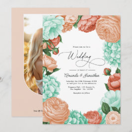 Soft Mint, Apricot & Warm Coral Floral Wedding Einladung
