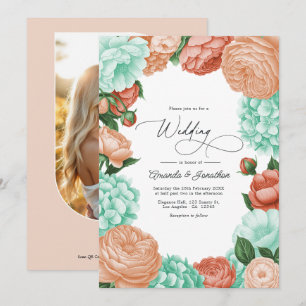 Soft Mint, Aprikose und Warmes Korallenblüten-Hoch Einladung