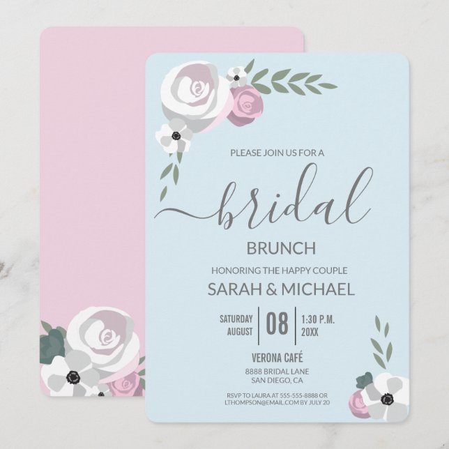 Soft Mist Blau rot Blume Bridal Brunch Einladung (Vorne/Hinten)