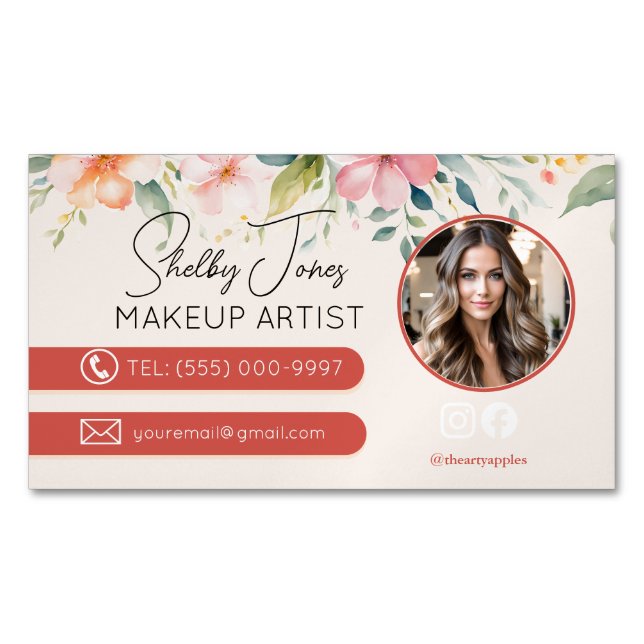 Soft modern floral Makeup Artist MUA Foto Magnetische Visitenkarte (Vorderseite)