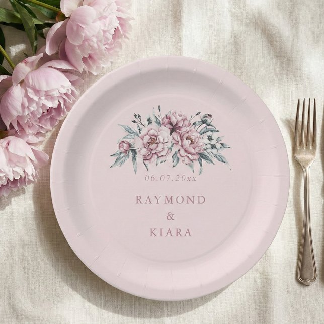 Soft Mute Dusty Pink Peony Wedding Pappteller (dusty pink watercolor peony party plate)
