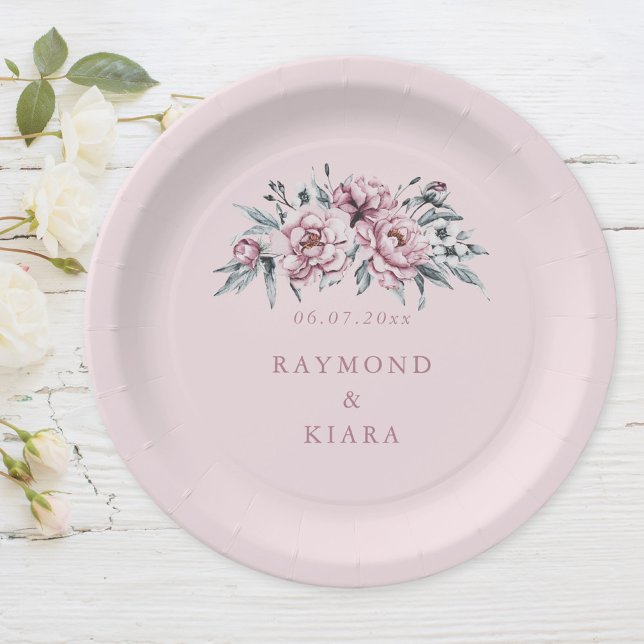 Soft Mute Dusty Pink Peony Wedding Pappteller (dusty pink watercolor peony party plate)