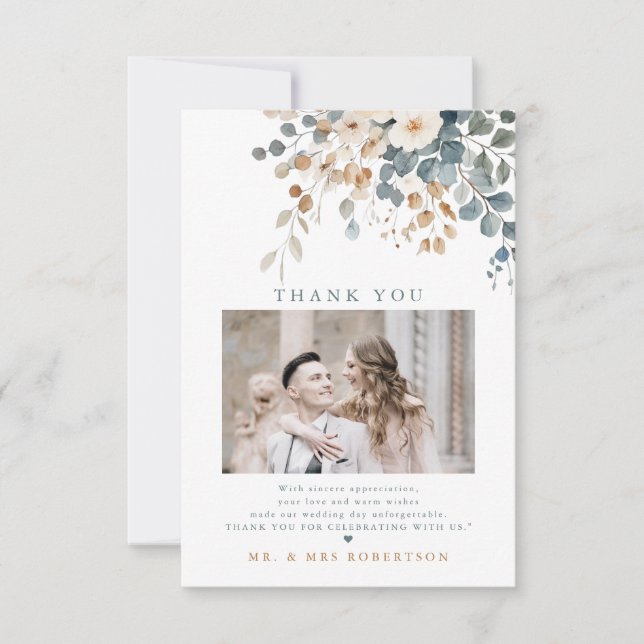 Soft Mute Earthy Tone Floral Water Wedding Dankeskarte (Vorderseite)