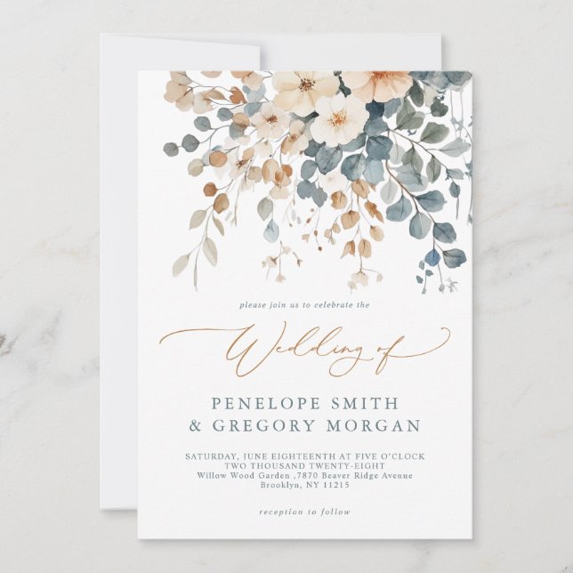 Soft Mute Earthy Tone Floral Water Wedding Einladung (Vorderseite)