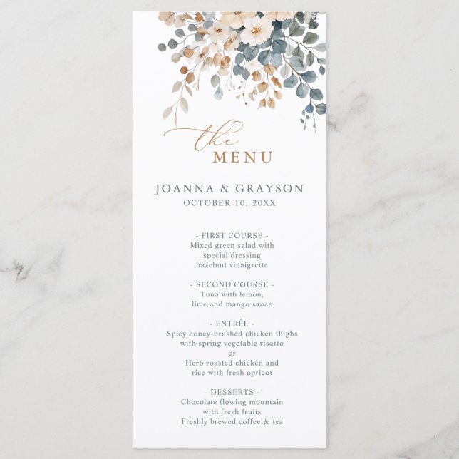 Soft Mute Earthy Tone Floral Water Wedding Menükarte (Vorderseite)
