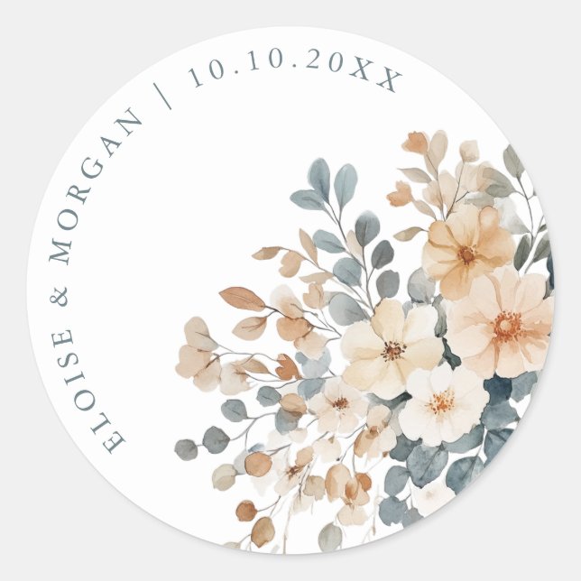 Soft Mute Earthy Tone Floral Water Wedding Runder Aufkleber (Vorderseite)