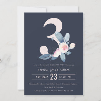SOFT NAVY BLUSH BLUE FLORAL 3RD ALTER GEBURTSTAG EINLADUNG