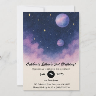 Soft Night Sky with Planets and Clouds Birthday  Einladung