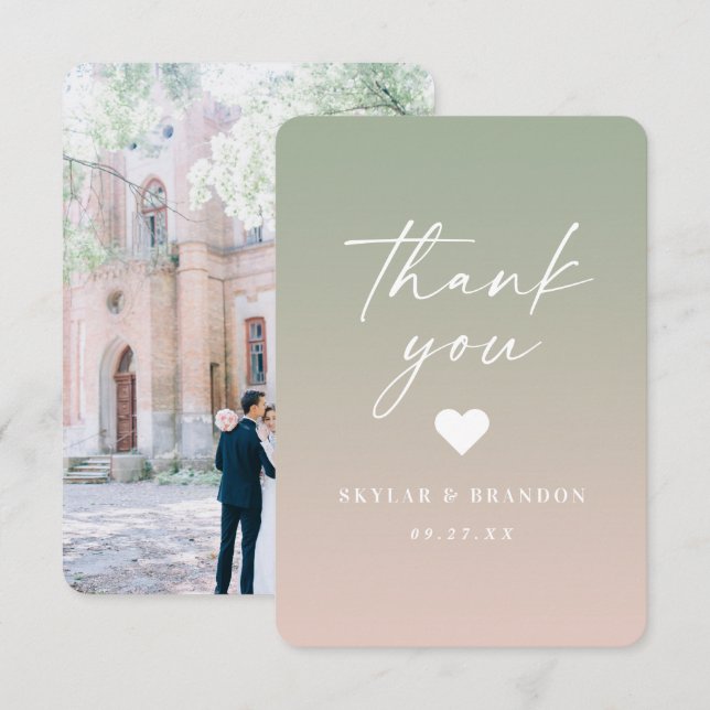 Soft Ombre Leaf Green & Powder Pink Wedding Dankeskarte (Vorne/Hinten)