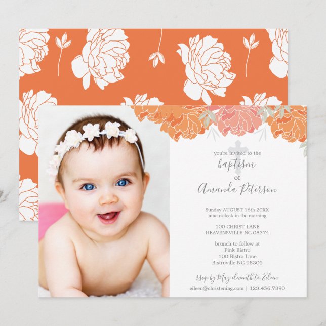 Soft Orange & Peach Peonies Cross Girl Baptisse Einladung (Vorne/Hinten)