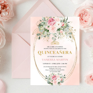 Soft Pale Pink Floral Bohemian Quinceañera Invite Einladung