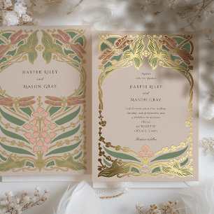 Soft Pastel Art Nouveau Libellen-Hochzeit Folieneinladung