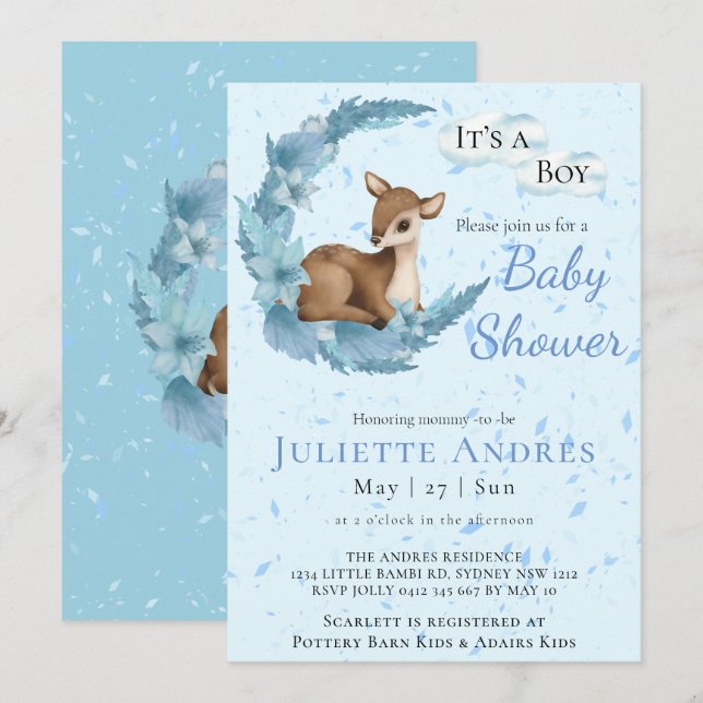 Soft Pastel Bambi Blume Wolken Staubdusche Baby Du Einladung (Vorne/Hinten)