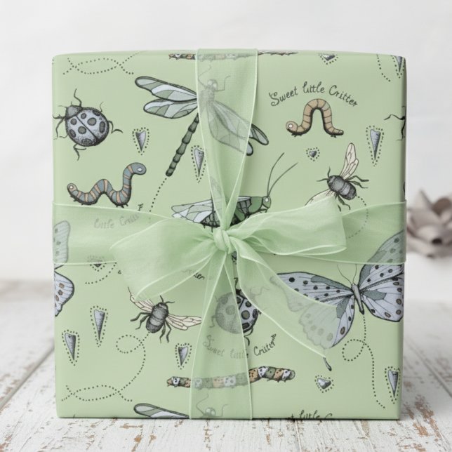 Soft Pastel Blue und Green Boho Baby Bugs Baby Geschenkpapier (Green Bug and Beetle Insect Boy Baby Shower or Kids Birthday Wrapping Paper. Dragonfly, Butterfly)