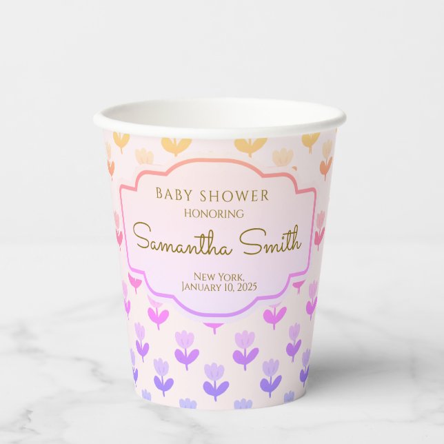 Soft Pastel Floral Pattern Baby Shower Name Date  Pappbecher (Vorderseite)