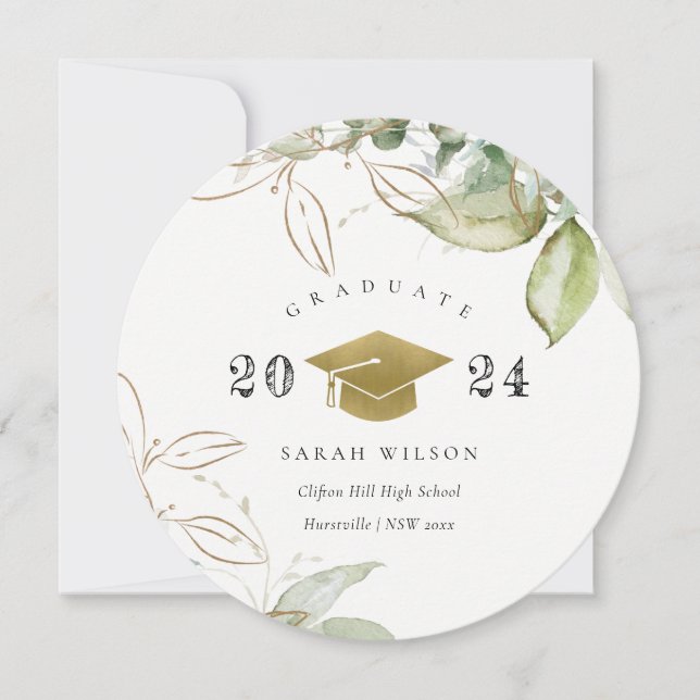 Soft Pastel Gold Green Foliage Graduation Cap Einladung (Vorderseite)