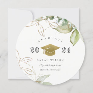 Soft Pastel Gold Green Foliage Graduation Cap Einladung