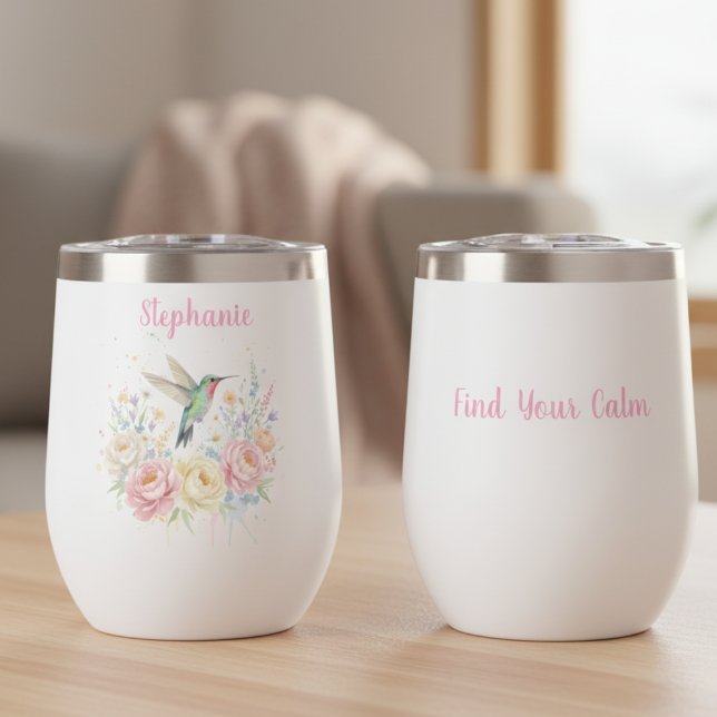 Soft Pastel Hummingbird Floral (Personalized thermal wine tumbler)