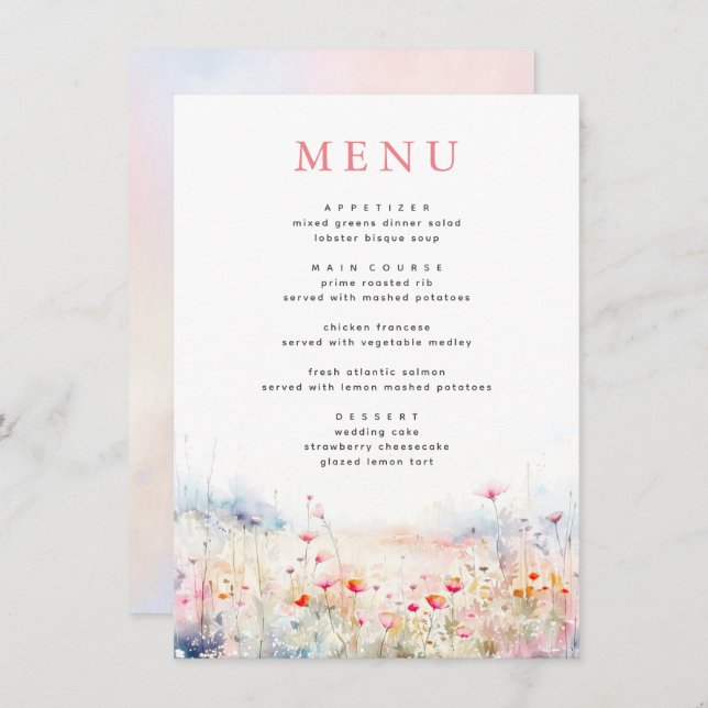 Soft Pastel Menu Mariage Fleur sauvage (Devant / Derrière)