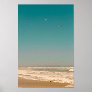 Soft Pastel Ocean Sandy Beach Sky Flying Seagulls Poster