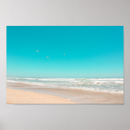 Soft Pastel Ocean Sandy Beach Sky Flying Seagulls Poster