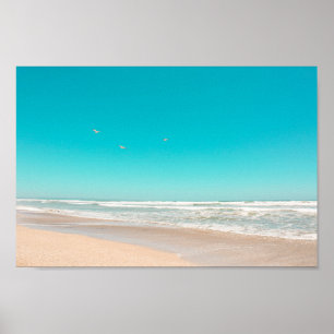 Soft Pastel Ocean Sandy Beach Sky Flying Seagulls Poster