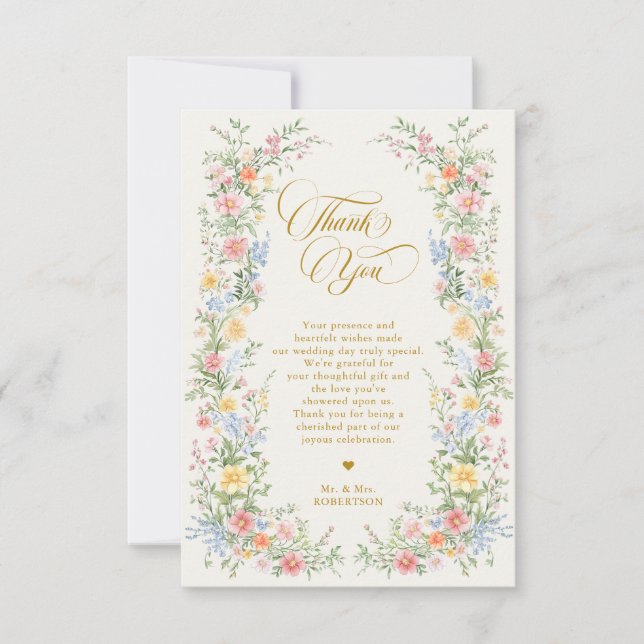 Soft Pastel Ornate Spring Garden Gold Wedding Dankeskarte (Vorderseite)