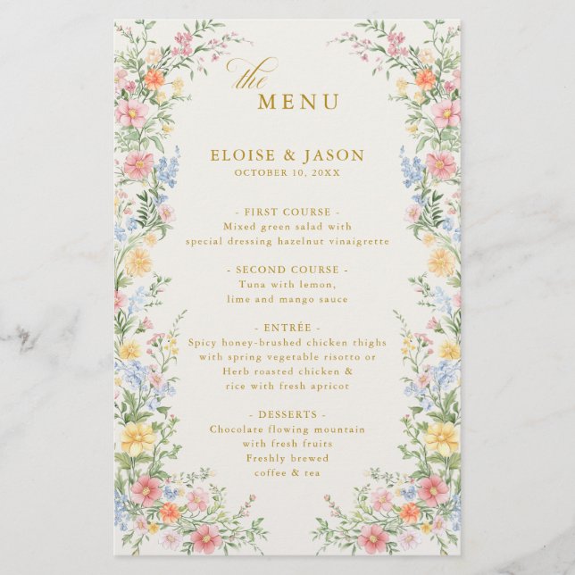 Soft Pastel Ornate Spring Garden Gold Wedding Menu (Devant)
