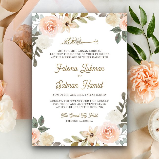 Soft Pastel Peach floral Islamische Hochzeit Einladung (Von Creator hochgeladen)