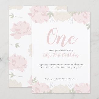 Soft Pastel Peonies Baby Girl's 1. Geburtstag Part Einladung