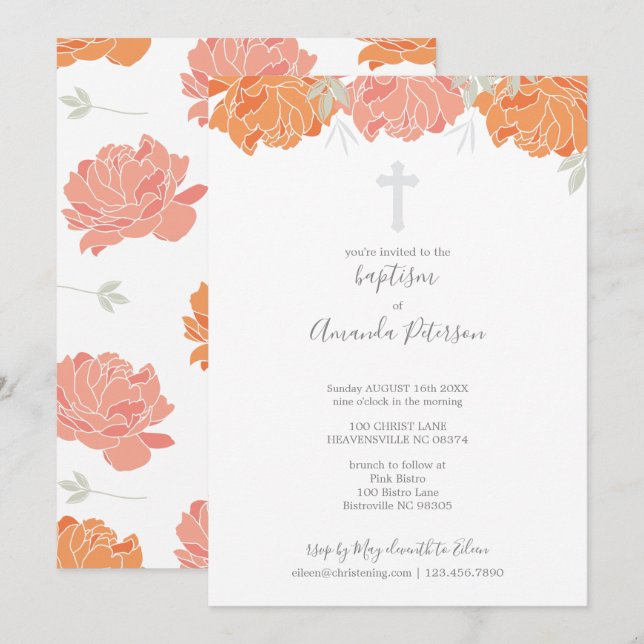 Soft Pastel Peonies Cross Girl Taufe Einladung (Vorne/Hinten)