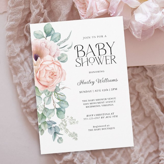 Soft Pastel Pink Floral Girl Babydusche Einladung (Available as printed and paperless digital download!)