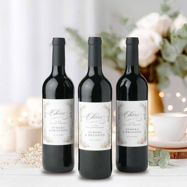 Soft Pastel Verziert Spring Garden Blumenzehen Weinetikett (Soft Pastel Ornate Spring Garden Floral Wedding Wine Label)