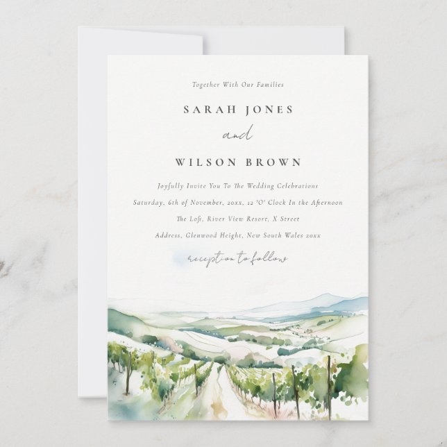 Soft Pastel Watercolor Vineyard Landscape Wedding Einladung (Vorderseite)