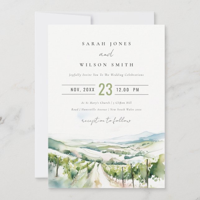 Soft Pastel Watercolor Vineyard Landscape Wedding Einladung (Vorderseite)