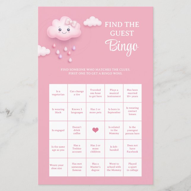 Soft Pastellrosa Cloud Find The Guest Bingo Spiel (Vorderseite)