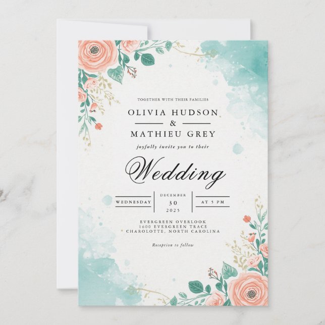 Soft Peach Aquamarin Floral Blüh Wedding Einladung (Vorderseite)