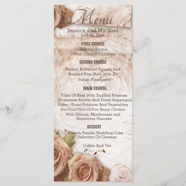 Soft Peach farbige Rose Hochzeit Menükarte (Vorderseite)