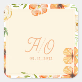 Soft Peach Garden Floral Monogram Wedding Quadratischer Aufkleber