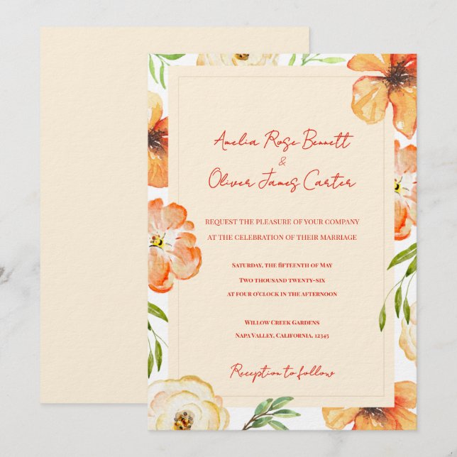 Soft Peach Garden Meadow Floral Wedding Invitation Einladung (Vorne/Hinten)