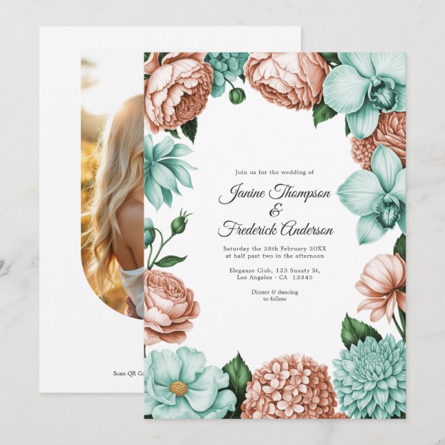 Soft Peach & Mint Watercolor Floral Wedding Einladung (Vorne/Hinten)