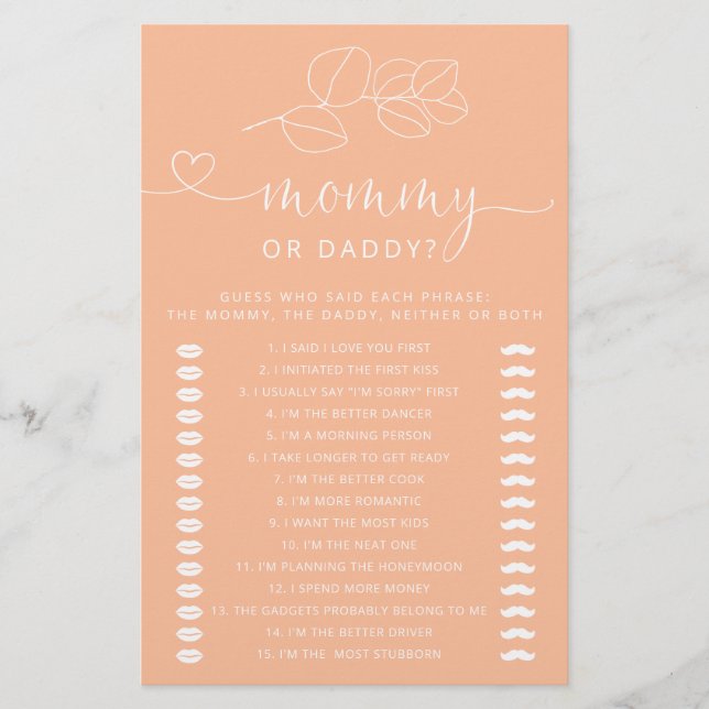 Soft Peach Modern Baby Shower Mommy oder Daddy Gam (Vorderseite)