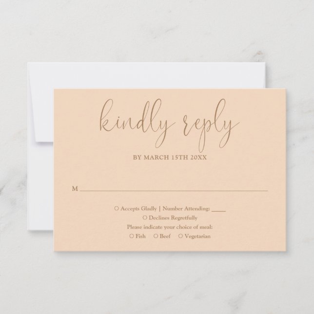 Soft Peach Moderner Chic Elegante Script Hochzeit RSVP Karte (Vorderseite)