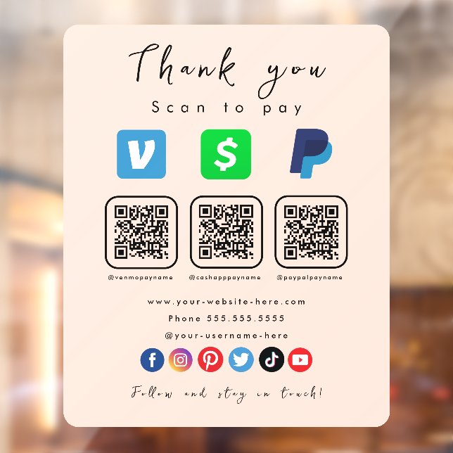 Soft Peach Multi QR Code Paypal Venmo Cash App Fensteraufkleber (Blatt 2)