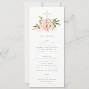 Soft Peach Pfingstrose Florales Kreuz Taufmenükart Einladung