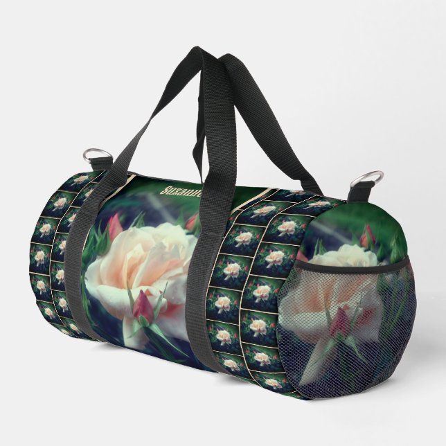 Soft Peach Rose Blume Natur Personalisiert Duffle Bag (Rechte Ecke)