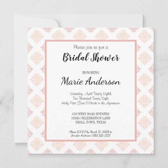 Soft Peachy Blush Damask Bridal Shower Invitation (Devant)