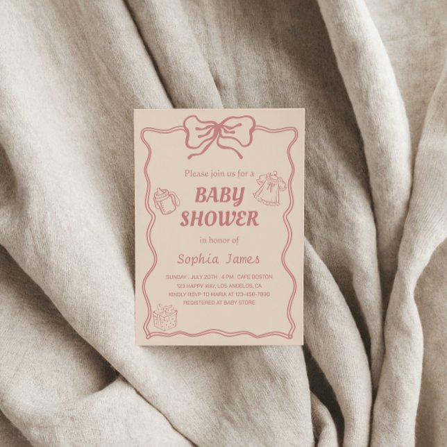 Soft Pink Baby Dusche mit Baby Icons & Bow Frame Einladung (Von Creator hochgeladen)