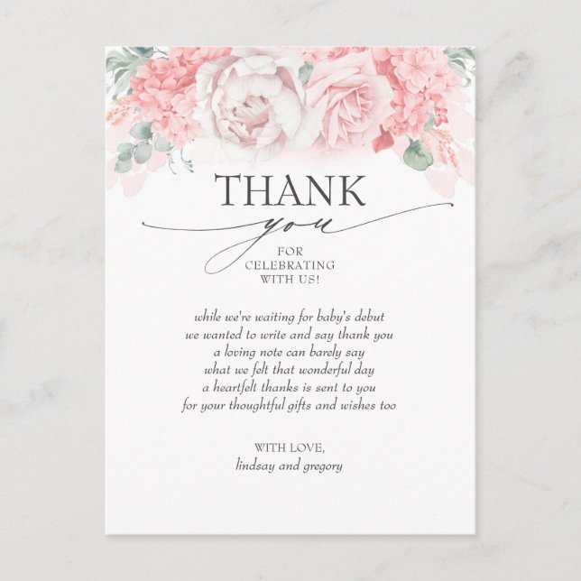Soft Pink Blume Babydusche Vielen Dank Postkarte (Vorderseite)